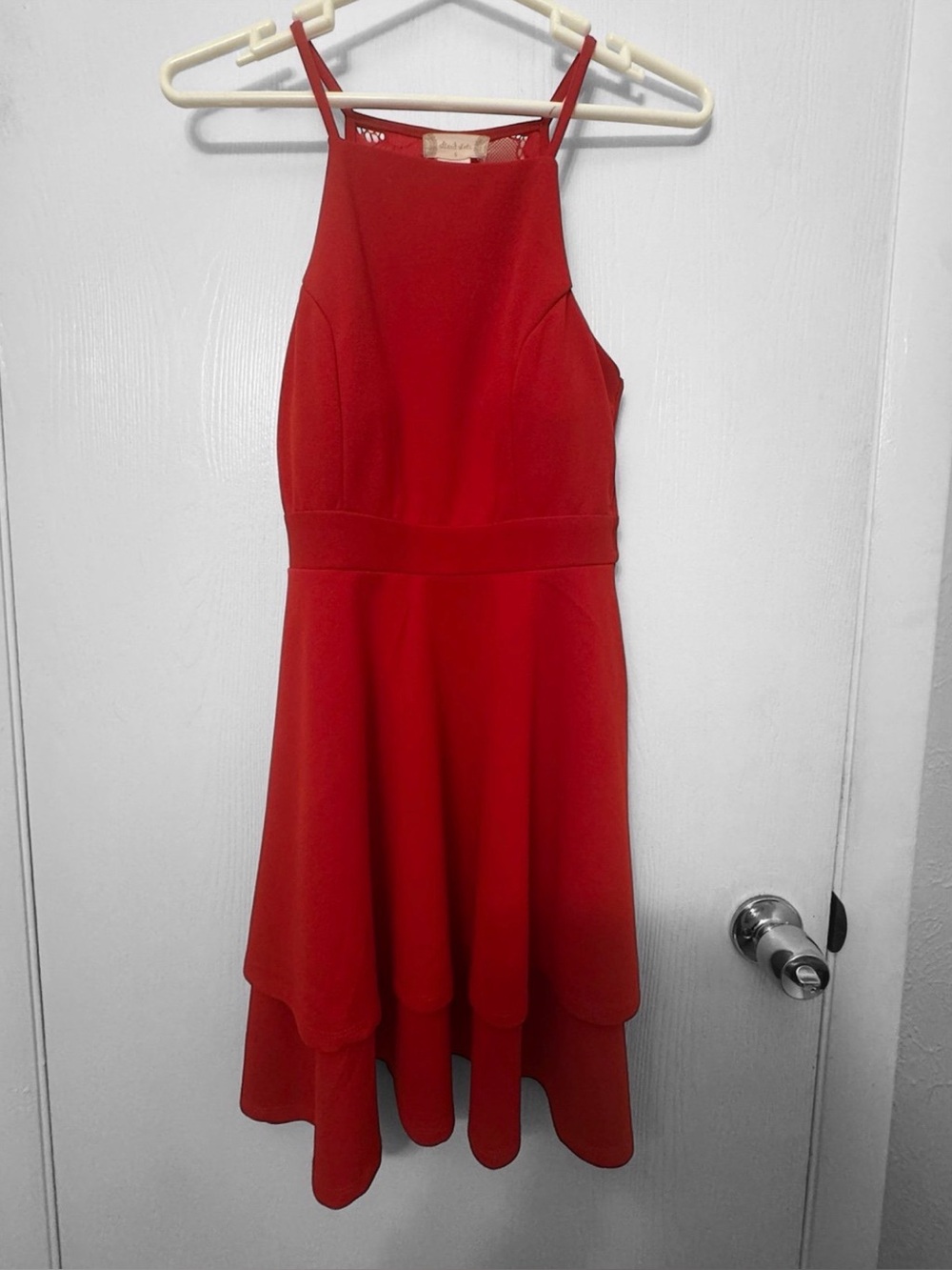 Altar'd State Red Lace Bodice Skater Dress High Neck Layered Hem Small